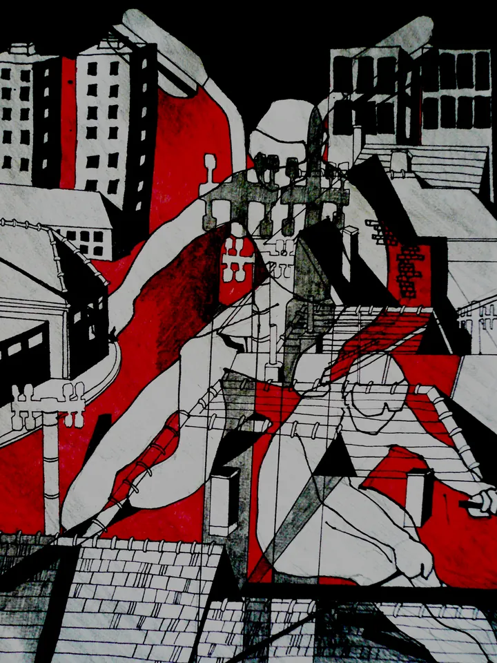 Figures, streetlamps and housing blocks in black, white and red