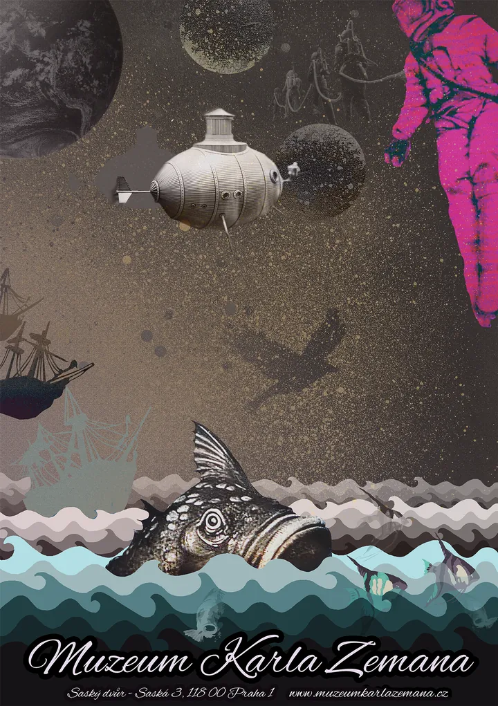 Poster for the Karel Zeman Museum with a submarine among planets, a giant fish and waves