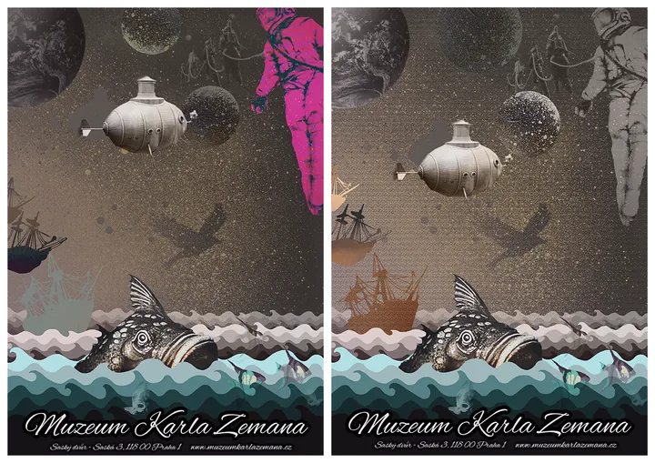 Two colour versions of the Karel Zeman Museum poster side by side