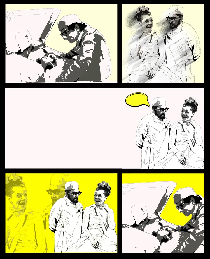 Comic-strip panels with a man in glasses and a laughing woman, a speech bubble and yellow accents