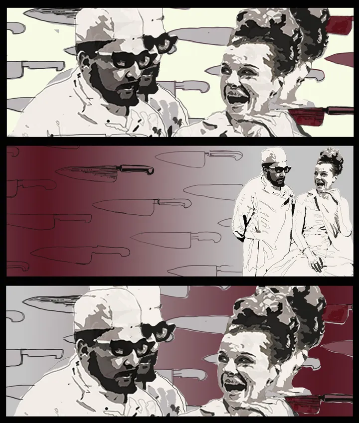 Three horizontal panels with the two characters and kitchen knives in burgundy tones