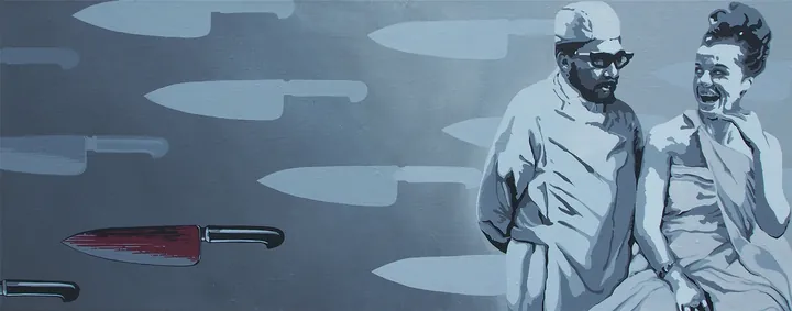 Long grey painting of flying kitchen knives, one red, beside two laughing people
