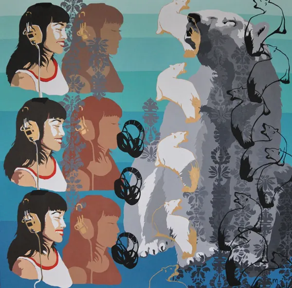 Polar bear in damask patterns beside rows of girls with headphones on turquoise
