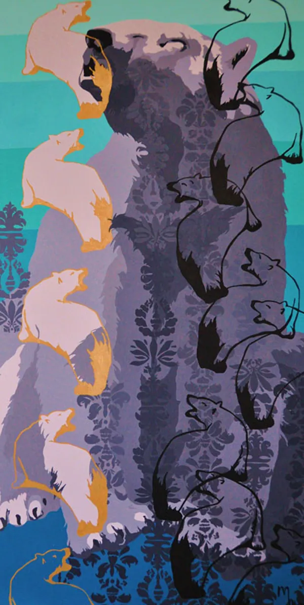 Detail of the violet polar bear with small white animals