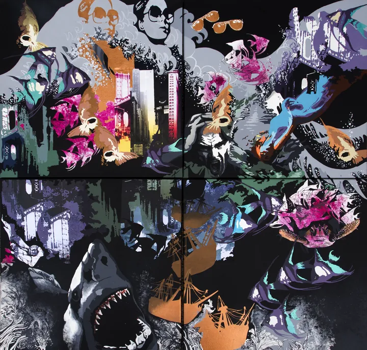 Four square canvases forming one scene of a wave with fish, a shark and city towers