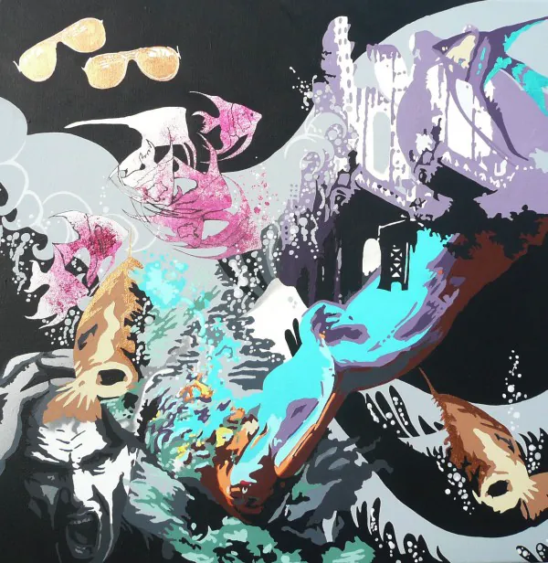 Detail with a turquoise fish, a screaming face and sunglasses