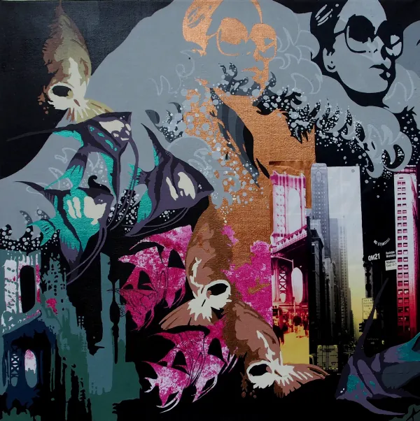 One panel with a woman in sunglasses, fish and skyscrapers