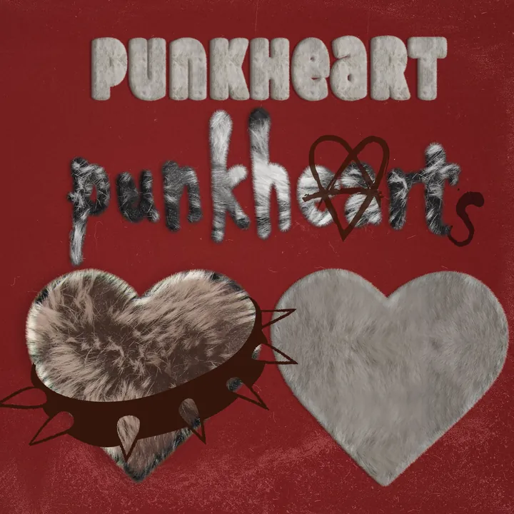 Two fur-textured hearts, one with a spiked collar, under punkheart lettering on red
