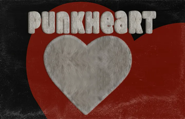Grey fur heart and punkheart lettering on red and black