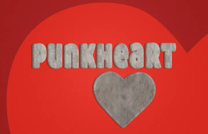Grey fur heart and punkheart lettering on bright red