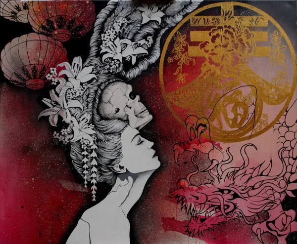 Woman in profile with flowers in her hair, lanterns and a dragon on a red background