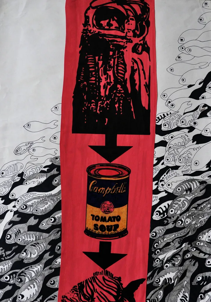 Drawing with a red band: an astronaut, a Campbell's soup can and a fish linked by arrows