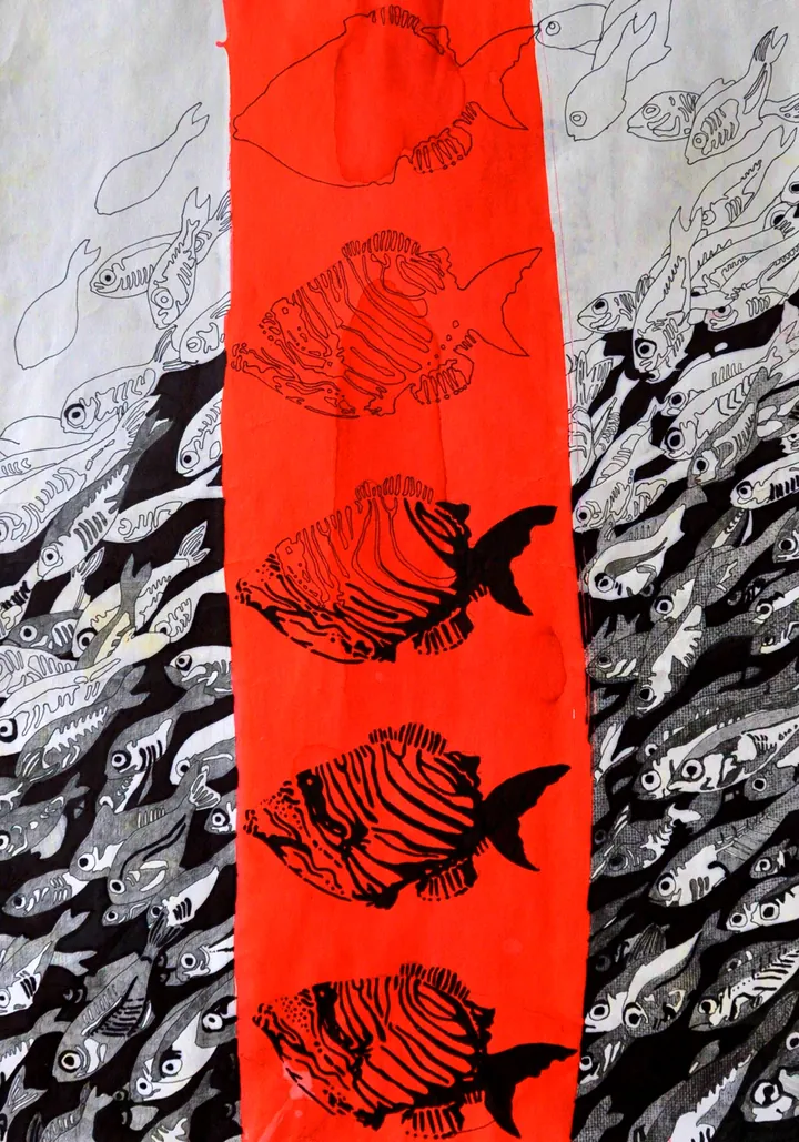 Drawing with an orange band of black fish among shoals of fish