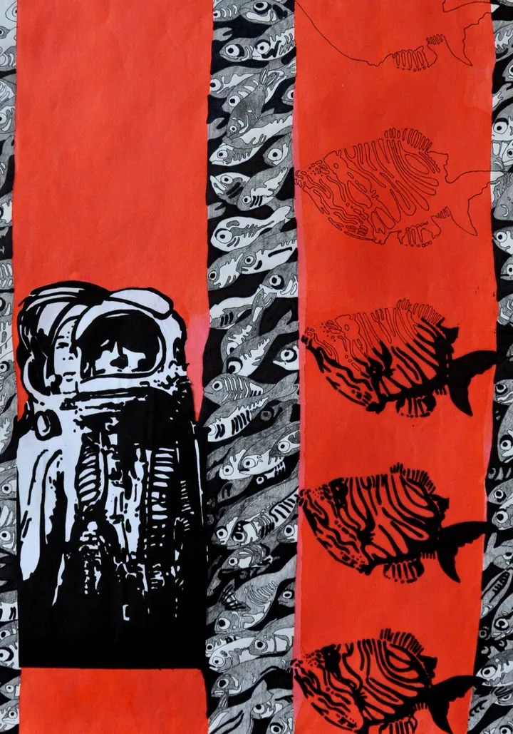 Drawing with two orange bands, an astronaut and black fish