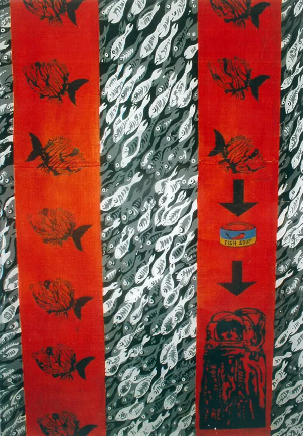 Two red vertical bands with black fish and an astronaut between shoals of black-and-white fish