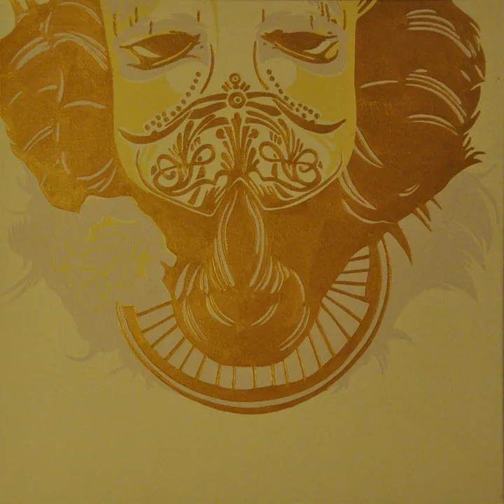 Gold canvas with an ornamented samurai mask
