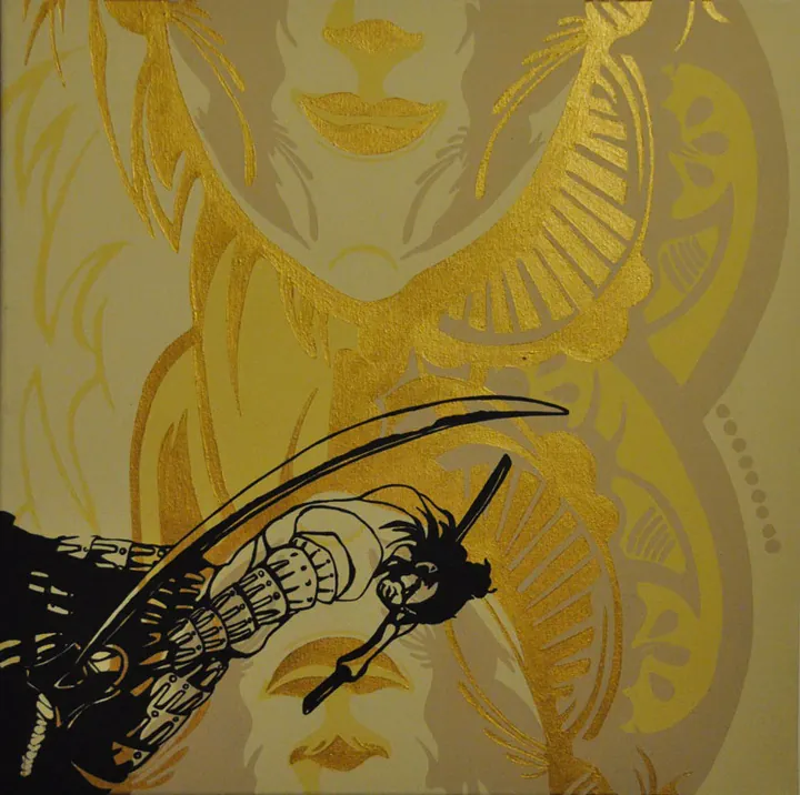 Gold canvas with a geisha's face and black armour detail