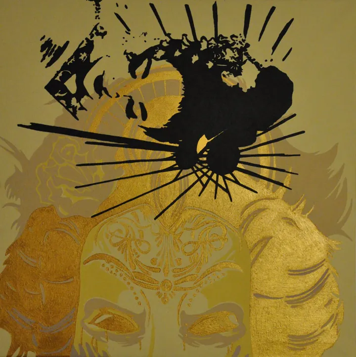 Gold canvas with a black ink-like splash over faces
