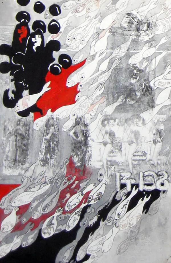 Grey and white painting with shoals of fish, black spheres and red accents