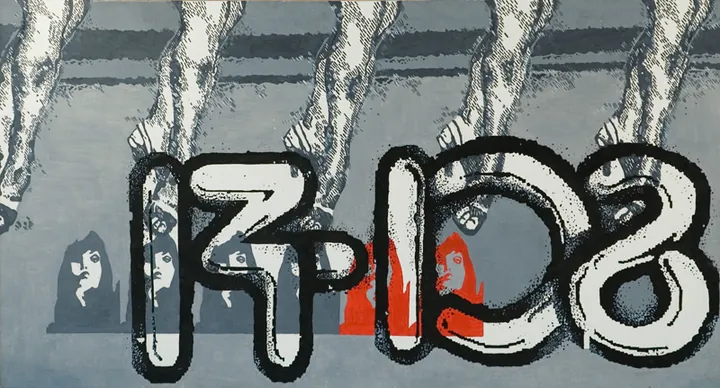 Grey sci-fi painting with rows of striding legs and bold outlined lettering