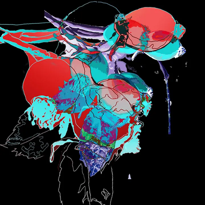 Rose hips in neon red, turquoise and violet on black