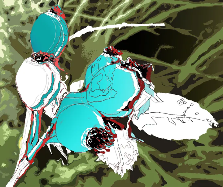 Turquoise and white rose hips on a dark green background
