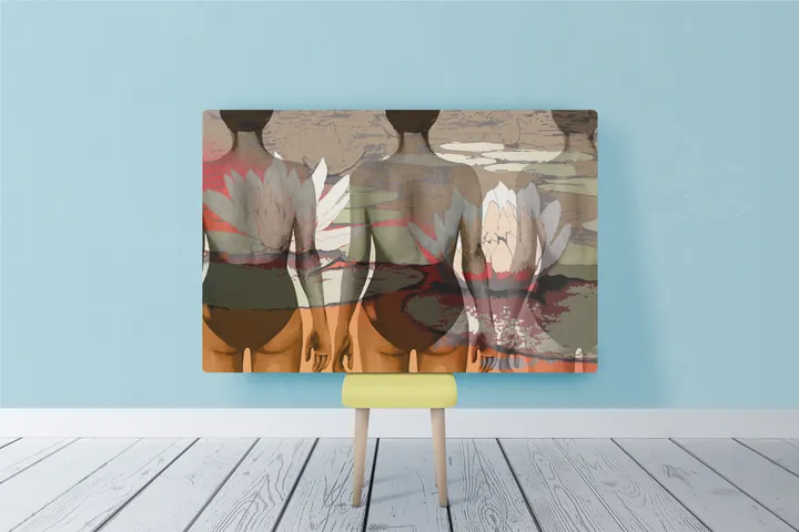 Visualisation of the Swimmer canvas in warm tones on a light blue wall above a stool