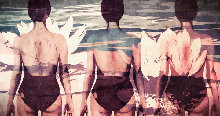 Three women in swimsuits seen from behind among white water lilies