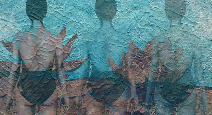 Three swimmers dissolving into textured turquoise water