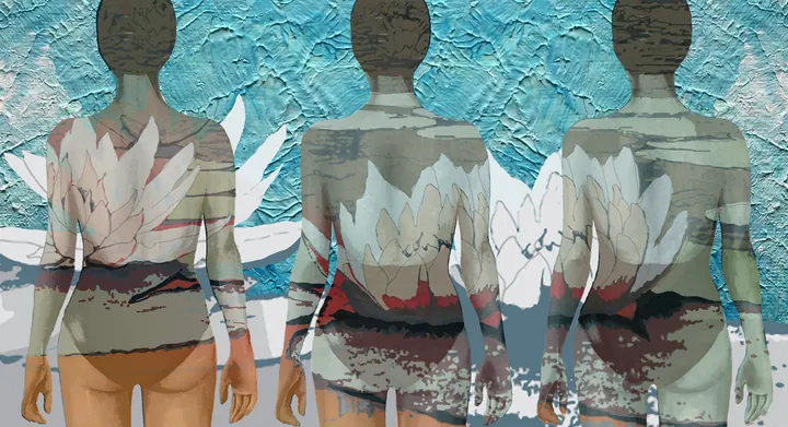 Three swimmers with water lilies on textured turquoise