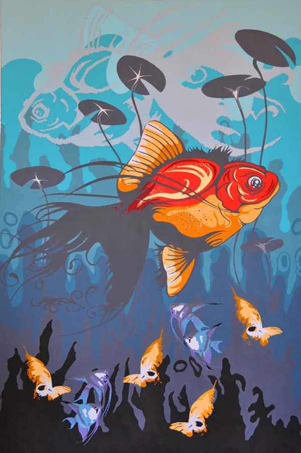 Underwater painting with a red-and-gold fish, water lilies and golden angelfish