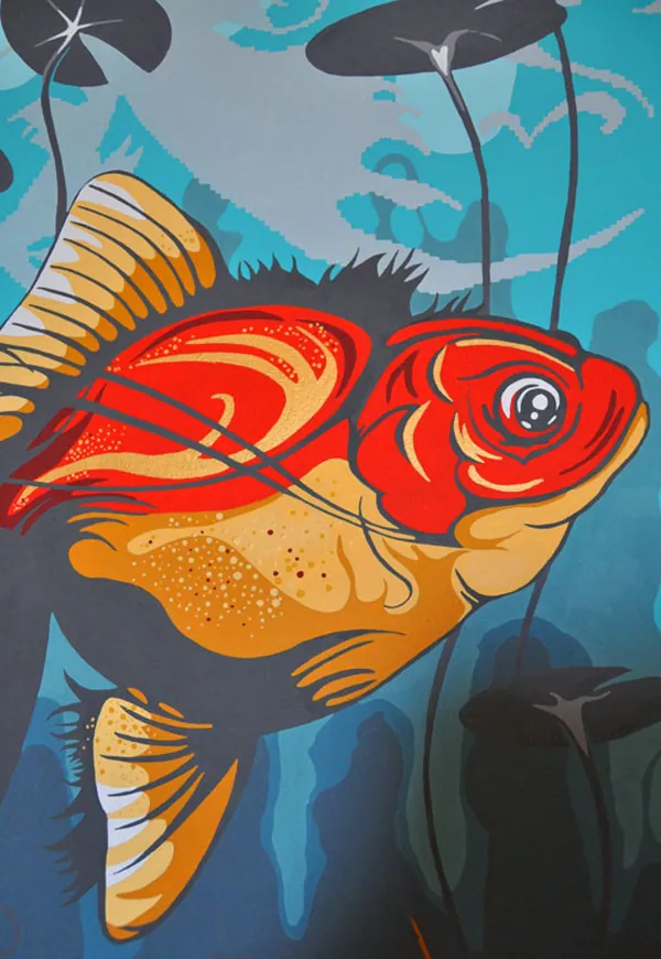 Detail of the red fish's head among water-lily stems