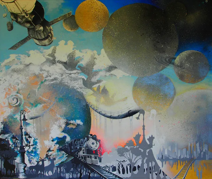 Spray-painted space landscape with golden planets, a satellite and a steam locomotive