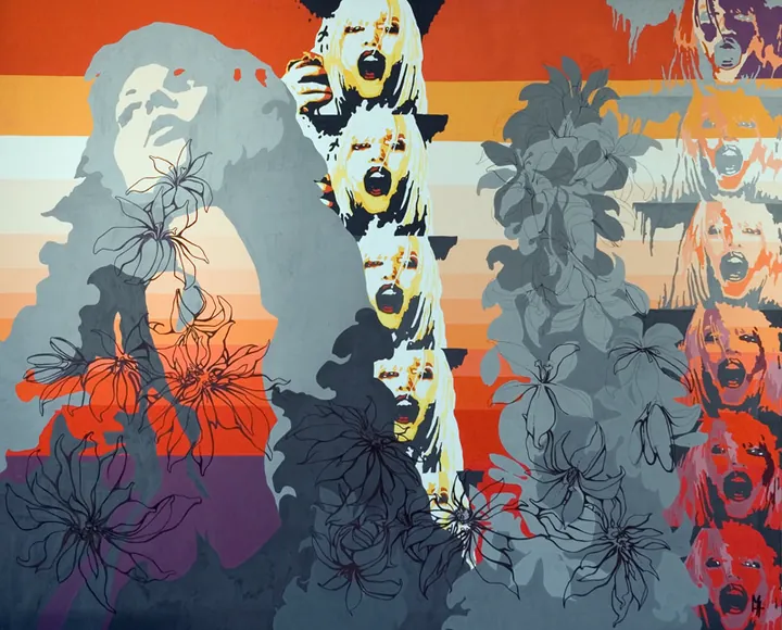 Large painting with a repeated screaming face, grey silhouettes, orange stripes and line-drawn flowers