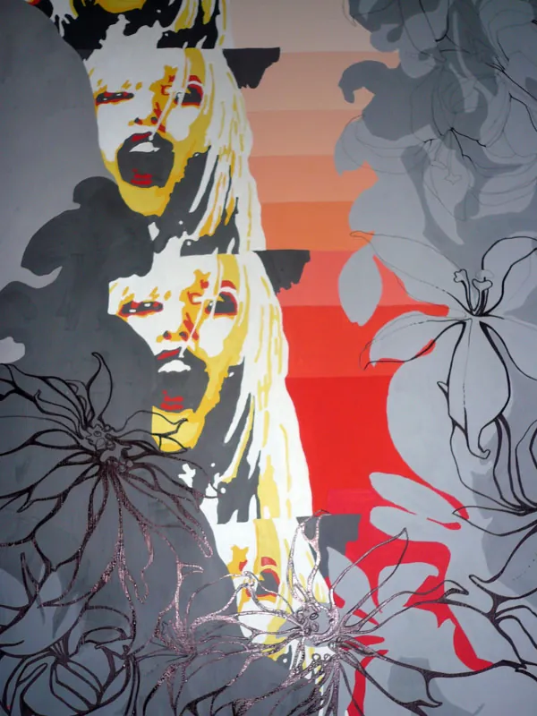 Detail of a screaming blonde face among grey shapes and flowers