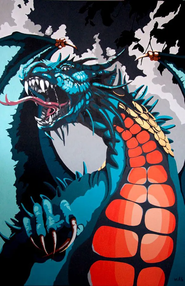 Roaring teal dragon with a red scaled belly on a black-and-white background