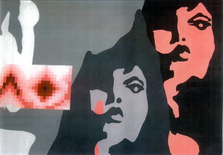 Detail of three women's faces and the red pixel pattern