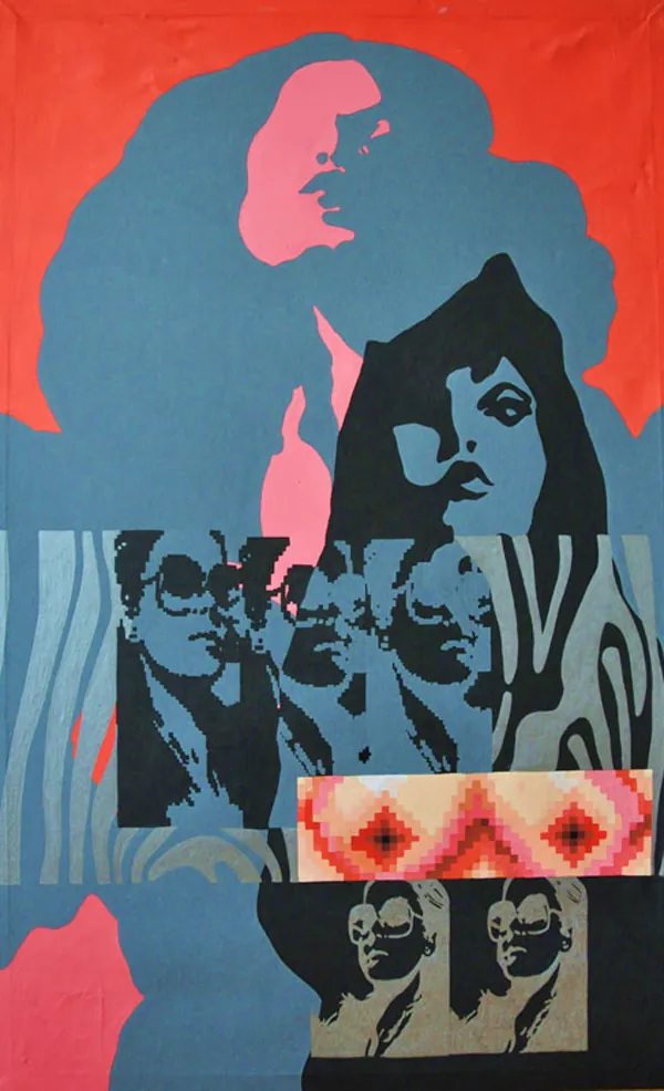 Tall pop-art painting of women's faces with voluminous hair in blue, coral and red with zebra stripes