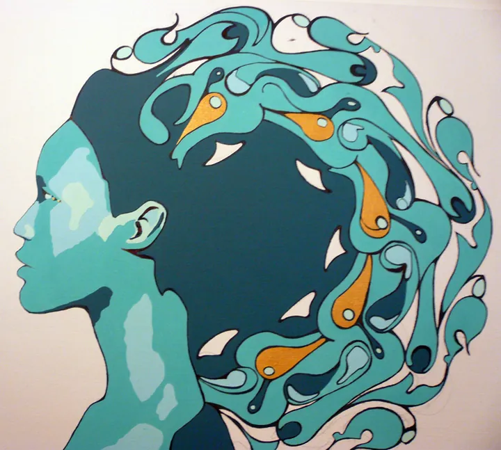 Teal profile of a woman with swirling ornamental hair and orange accents